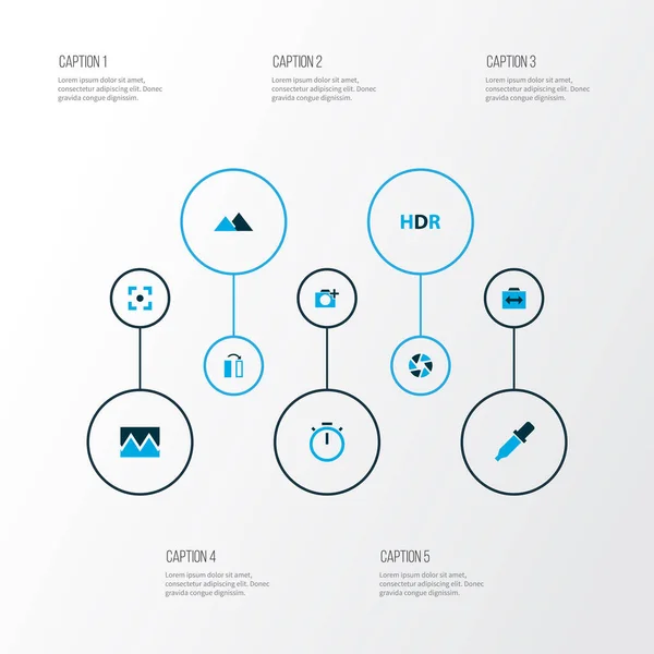 Afbeelding pictogrammen gekleurde set met sluiter, timer, filter en andere focus-elementen. Geïsoleerde illustratie pictogrammen. — Stockfoto