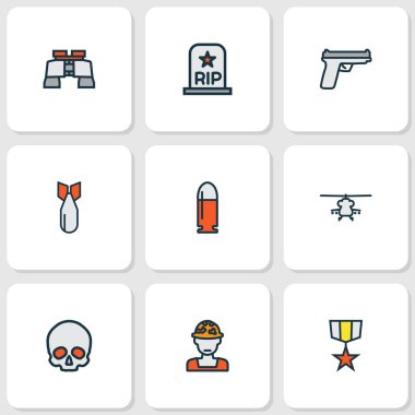 Madalya, askeri helikopter, dürbün ve diğer yırtık elementlerle donatılmış savaş simgeleri. İzole vektör illüstrasyon savaş simgeleri.