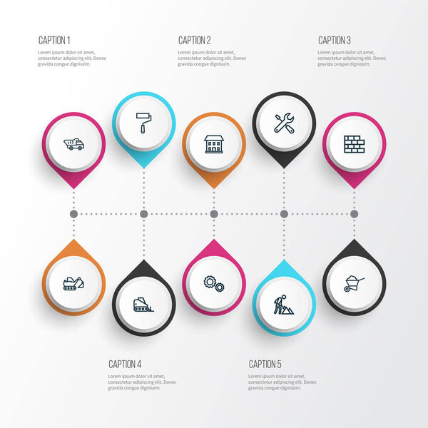 Стройка в стиле линеек с грузовиком, домом, техническим обслуживанием и другими элементами тачки. Изолированные векторные иконки.