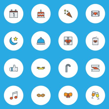 Yıl simgeleri ay, yıldız, pasta, kestane fişeği ve diğer eldiven elementlerle renklendirildi. İzole edilmiş illüstrasyon yılı simgeleri.