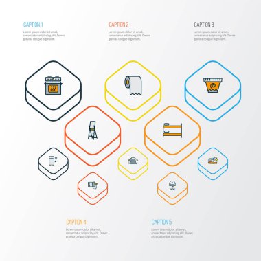 Ev dekorasyonu simgeleri fırın, buzdolabı, merdiven ve diğer doku yuvarlama elementleriyle renklendirilmiş. İzole edilmiş resimli ev dekorasyonu simgeleri.