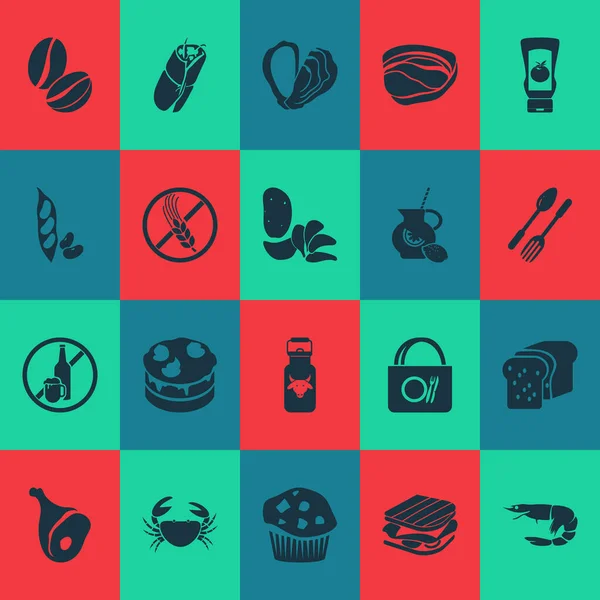 Iconos de alimentos con libre de gluten, lata de leche, cangrejo y otros elementos vainas de guisantes. Iconos de alimentos ilustración aislada. —  Fotos de Stock