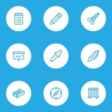 Enstrüman simgeleri satır biçimi makas, dizinler raf, sunum tahtası ve diğer kütüphane ögeleri ile ayarlandı. İzole vektör illüstrasyon aracı simgeleri.