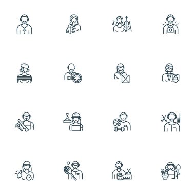 Marangoz, rahip, eğitmen kadın ve diğer zanaatkar unsurlarla oluşturulmuş ikon çizgileri. İzole vektör illüstrasyon kişisi simgeleri.