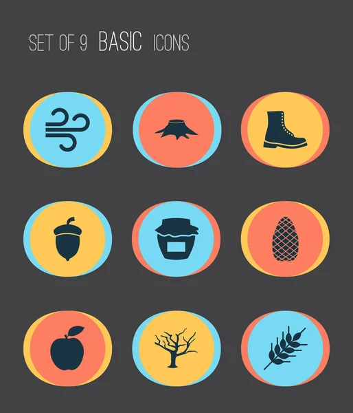 Icônes de saison avec souche, fruits, blé et autres éléments céréaliers. Isolés vectoriels icônes de saison illustration. — Image vectorielle