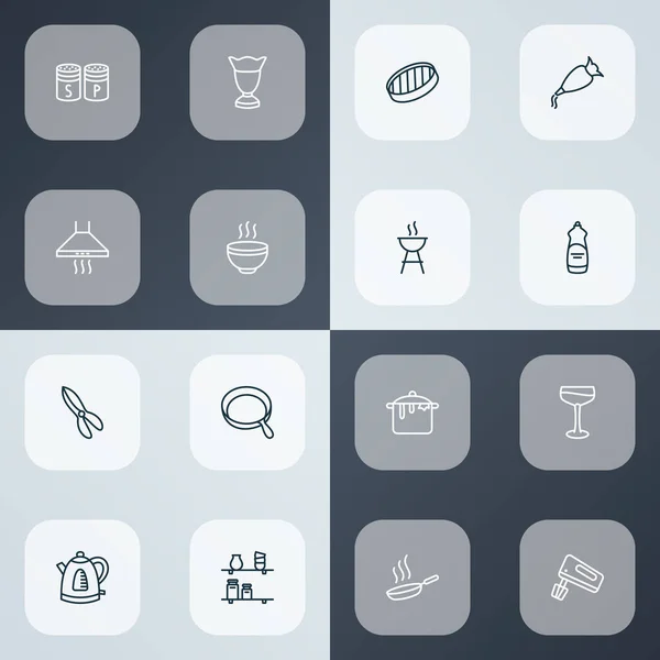 Cook ikoner linje stil set med sil, kökshyllor, grill och andra saxar element. Isolerade vektor illustration kock ikoner. — Stock vektor