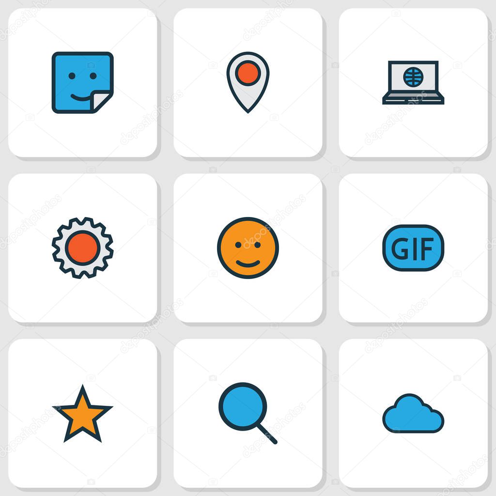 Communication icons colored line set with settings, location, emoji and other overcast elements. Isolated vector illustration communication icons.