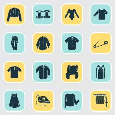 Belero, yüksek bel etek, pantolon ve diğer spor malzemeleriyle gösterişli ikonlar. İzole edilmiş illüstrasyon moda simgeleri.