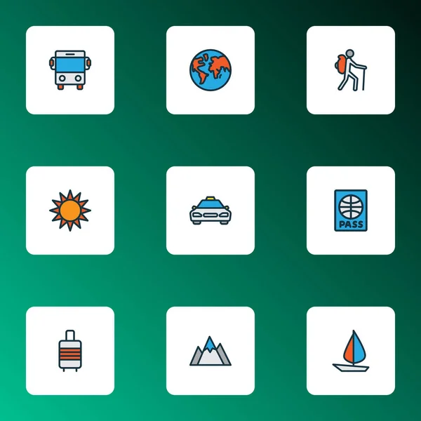 Icone di viaggio linea colorata con valigia bagagli, taxi, autobus e altri elementi di autobus. Isolate icone di viaggio illustrazione. — Foto Stock