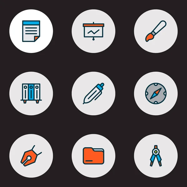 Iconos de herramientas de color conjunto de líneas con tablero de presentación, notas, brújula y otros elementos de la biblioteca. Iconos de herramienta de ilustración aislada. — Foto de Stock