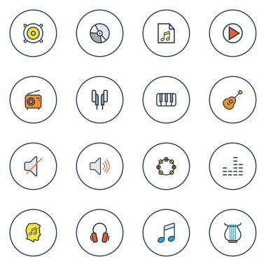 Ses simgeleri başlangıç, hoparlör, kulaklık ve diğer anahtar elementlerle birlikte ayarlandı. İzole vektör illüstrasyon ses simgeleri.