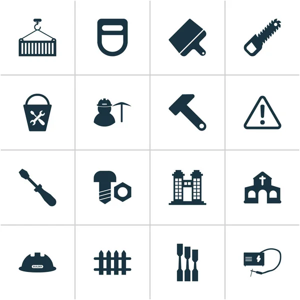 Conjunto de iconos de construcción con minero, carga, precaución y otros elementos de barrera de madera. Iconos de construcción de ilustración vectorial aislado. — Vector de stock