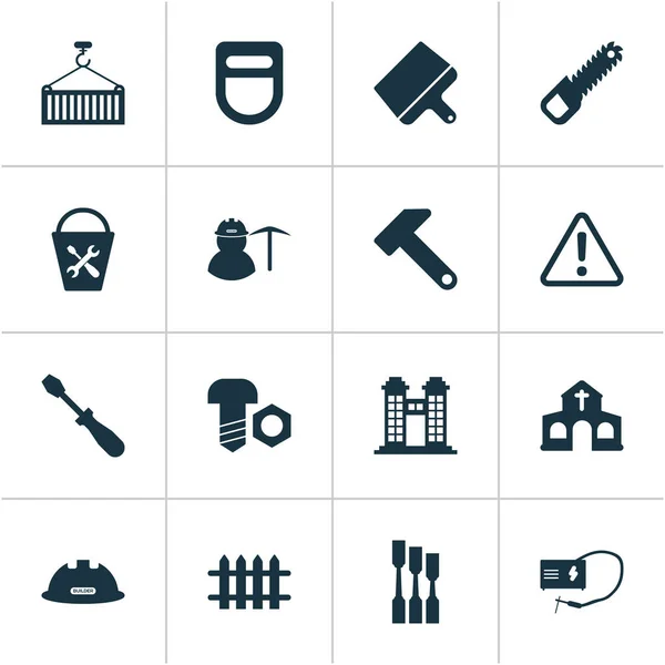 Ícones de construção conjunto com mineiro, carregamento, cautela e outros elementos de barreira de madeira. Isolados ícones de construção de ilustração vetorial. —  Vetores de Stock