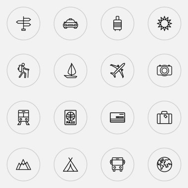 Taksi, valiz, fotoğraf makinesi ve diğer tramvay unsurlarıyla seyahat simgeleri dizisi. İzole edilmiş illüstrasyon seyahat simgeleri.