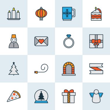 Parti üfleyicisi, noel ağacı, hediye ve diğer fincan elementleriyle yeni simgeler belirlendi. İzole edilmiş illüstrasyon yeni simgeleri.