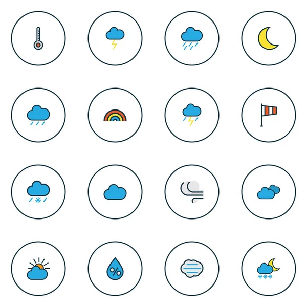 Iconos del clima línea de colores con golpe de trueno, el tiempo después de la lluvia, solar y otros elementos ventosos. Iconos de clima de ilustración aislada. —  Fotos de Stock