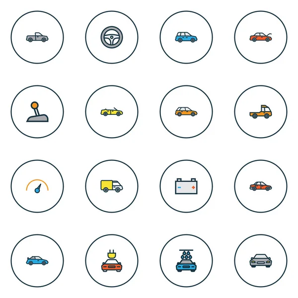 Auto icons colored line set with prime-mover, speedometer, battery and other truck elements. Isolated illustration auto icons. — Stock Photo, Image