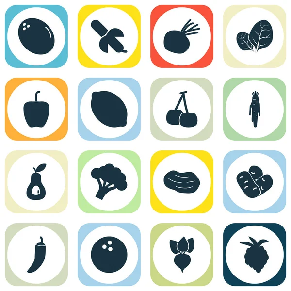 Iconos de frutas engastados con virgen, rábano picante, acedera y otros elementos de cayena. Iconos de fruta de ilustración aislada. —  Fotos de Stock