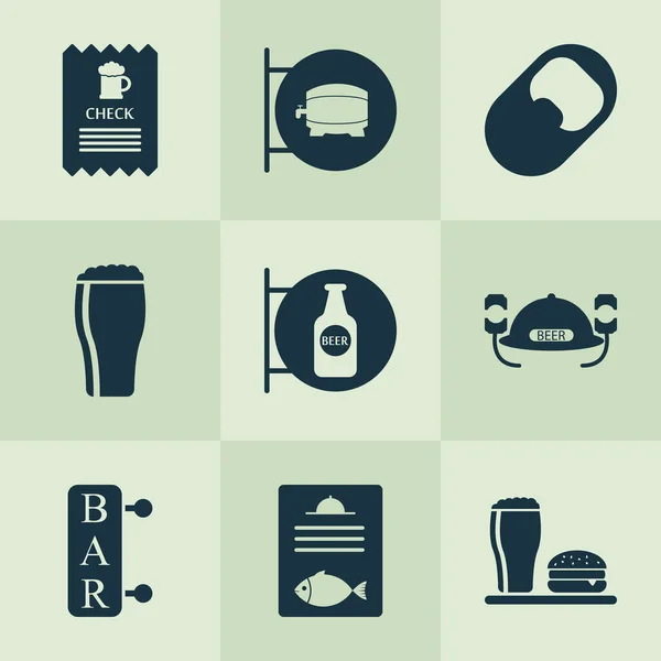 Conjunto de iconos de bebidas con cheque, abrelatas, letrero de cerveza y otros elementos de pancarta. Iconos de bebidas de ilustración aislada. — Foto de Stock