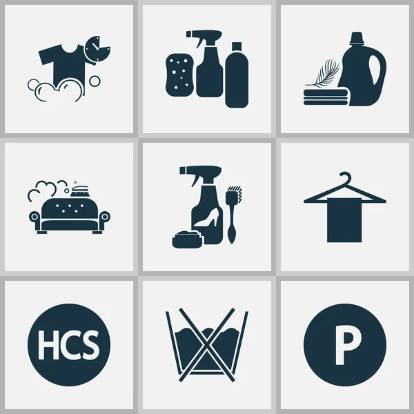 Kleding pictogrammen set met niet wassen, schoonmaakmiddelen, met uitzondering van tetrachloorethyleen en andere snelle waselementen. Afzonderlijke illustratie kleding pictogrammen. — Stockfoto