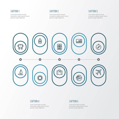 Seyahat simgeleri, otobüs, yelkenli tekne, güneş ve diğer yeryüzü elementleriyle ayarlandı. İzole vektör illüstrasyon yolculuk simgeleri.