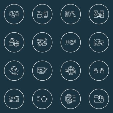 Uzaktan erişim, küresel altyapı, otomatikleştirilmiş çözümler ve diğer arşivleme elementlerine sahip teknik simge çizgisi biçimi. İzole vektör illüstrasyon teknikleri.