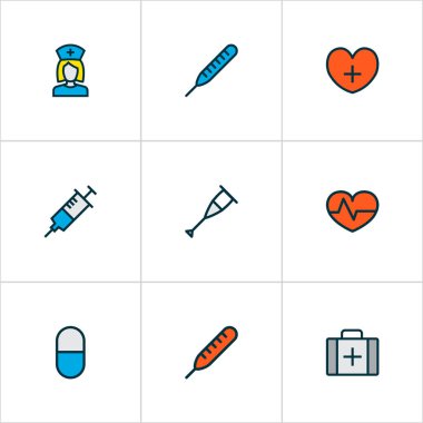 İlaç ikonları, kalp atışı, ecza dolabı, hemşire ve diğer şırınga elementleriyle aynı renkte. İzole vektör illüstrasyon ilaç simgeleri.
