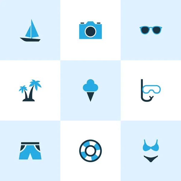 Conjunto de iconos de temporada de colores con sorbete, gafas, bikini y otros elementos de gafas de sol. Iconos de temporada de ilustración vectorial aislado. — Archivo Imágenes Vectoriales