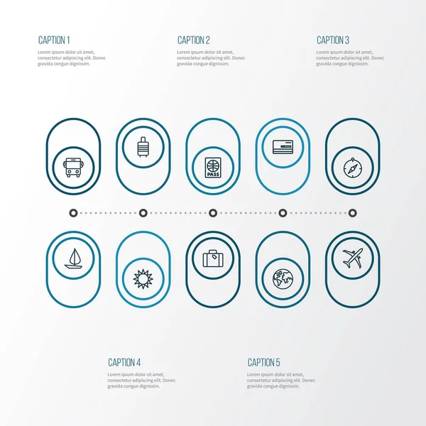 Seyahat simgeleri, otobüs, yelkenli tekne, güneş ve diğer yeryüzü elementleriyle ayarlandı. İzole vektör illüstrasyon yolculuk simgeleri.