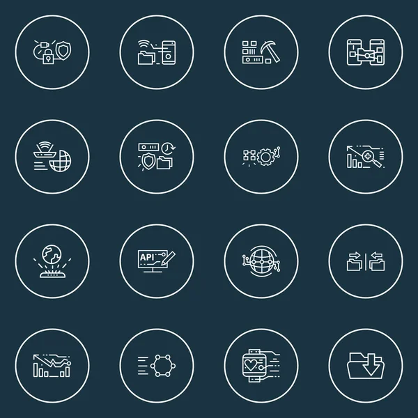 Uzaktan erişim, küresel altyapı, otomatikleştirilmiş çözümler ve diğer arşivleme elementlerine sahip teknik simge çizgisi biçimi. İzole vektör illüstrasyon teknikleri.