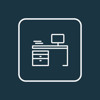 Masa simgesi çizgi sembolü. Moda tarzında birinci kalite izole edilmiş işyeri ögesi.