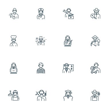 Sihirbaz, arkeolog, öğretmen ve diğer bahçıvan unsurlarıyla meslek ikonları çizimi. İzole edilmiş illüstrasyon mesleği simgeleri.