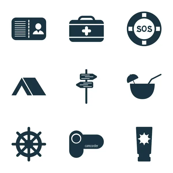 Tourismussymbole mit Verbandskasten, Zeigern, Handrad-Sonnenschutzelementen. Isolierte Ikonen des Illustrationstourismus. — Stockfoto