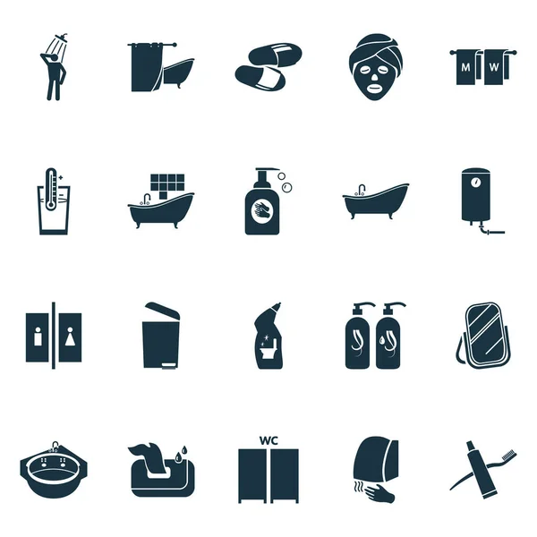 Badezimmer-Symbole mit Whirlpool, Männer mit Damenbad, Toilettenkabinen und anderen Interieur-Elementen. Isolierte Abbildung Badezimmersymbole. — Stockfoto