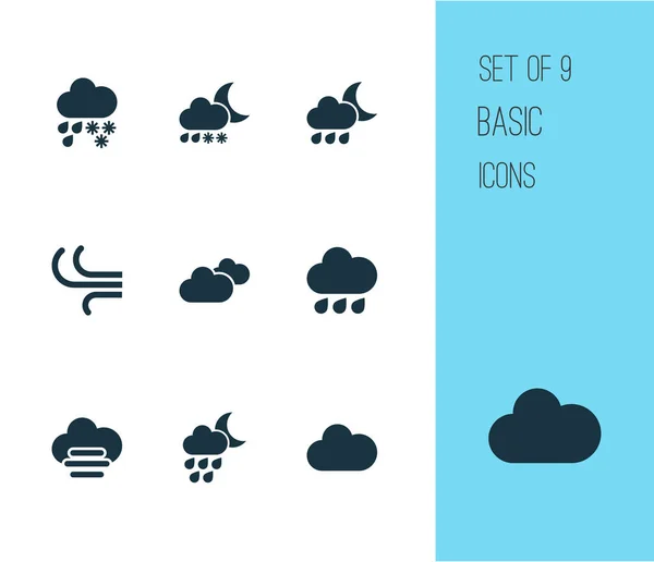 Klimatické ikony poseté mraky, deštivými, těžkými sněhovými nocemi a dalšími synoptickými prvky. Izolované ilustrační ikony klimatu. — Stock fotografie