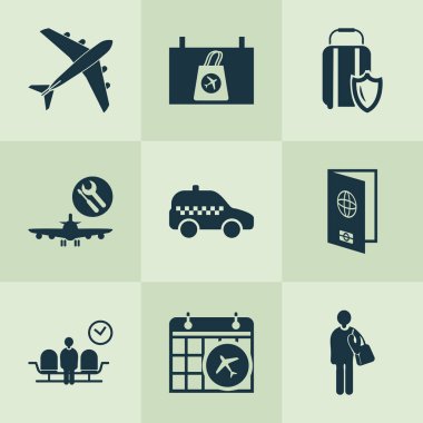 Uçuş tarihi, pasaport, bekleme odası ve diğer turistik öğelerle seyahat simgeleri ayarlandı. İzole vektör illüstrasyon seyahat simgeleri.
