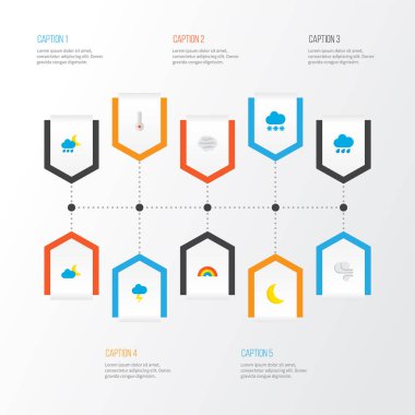 Havalandırma simgeleri termometre, yağmurlu, ay ve diğer Ay elementleriyle ayarlandı. İzole vektör illüstrasyon hava simgeleri.