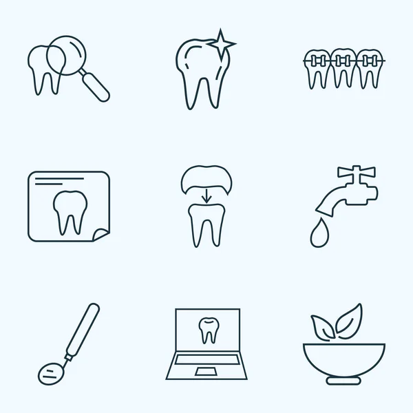 Zahn Symbole Linie Stil-Set mit inspizieren Zahn, gesunde Ernährung, Zahnspiegel und andere Instrumentenelemente. Isolierte Illustration von Zahnsymbolen. — Stockfoto