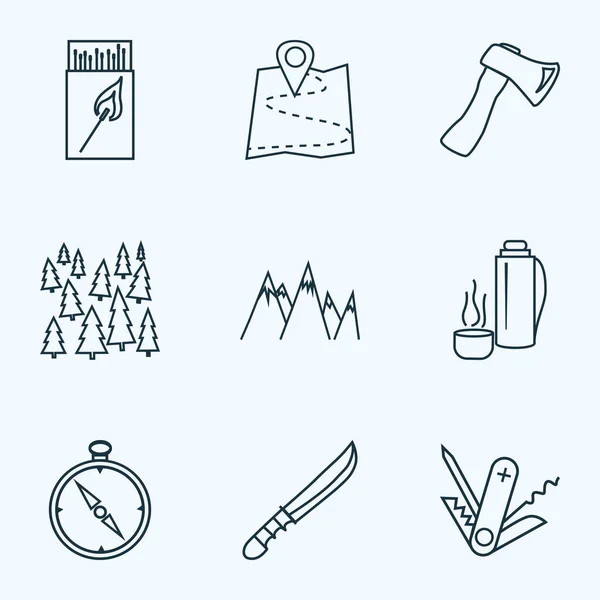 Iconos de turismo conjunto de estilo de línea con cuchillo de caza, termo, bosque y otros elementos de navegación. Iconos del turismo ilustración aislada. —  Fotos de Stock