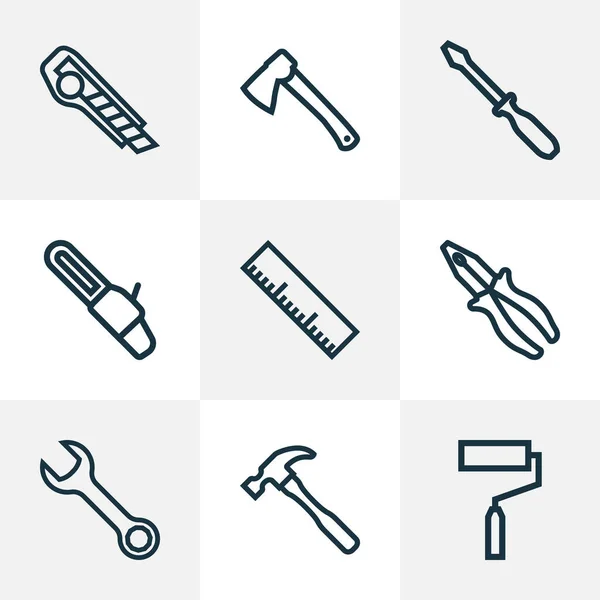 Handtools icone linea di stile impostato con spazzola a rulli, martello, chiave inglese e altri elementi di morsetto. Isolato illustrazione handtools icone. — Foto Stock