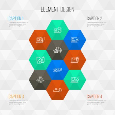 SEO simge satırı biçimi fotoğraf içeriği, sayfa kalitesi, müşteri değerlendirmesi ve diğer küresel güvenlik unsurları ile ayarlandı. İzole vektör illüstrasyon SEO simgeleri.