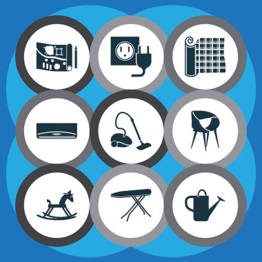 Klimalı ev dekorasyonu simgeleri, sallanan at, elektrik prizi ve diğer koruyucu elementler. İzole edilmiş vektör illüstrasyon ev dekorasyonu simgeleri.