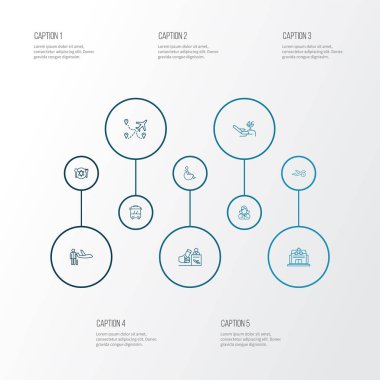 Ulaşım simgeleri, hostes, dinlenme odası, koşer yemek ve diğer otobus unsurlarıyla ayarlandı. İzole vektör illüstrasyon taşıma simgeleri.