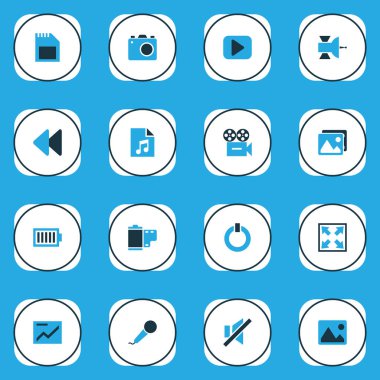 Çokluortam simgeleri karaoke, geri sarma, SD kartı ve diğer galeri elemanlarıyla renklendirilmiş. İzole vektör illüstrasyon multimedya simgeleri.