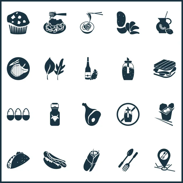 Iconos de comida con hojas, jamón, ubicación del restaurante y otros elementos de bebida. Iconos aislados para comer ilustración. —  Fotos de Stock