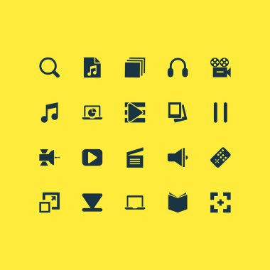 Ortam simgeleri kategoriler, arama, genişletme ve diğer klaket elemanları ile ayarlandı. İzole vektör illüstrasyon ortam simgeleri.