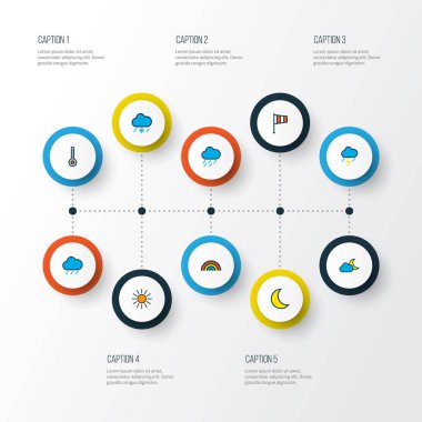 Hava simgeleri rüzgar gülü, nimbus, yağmur üstüne hava ve diğer ay ışığı elementleriyle renklendiriliyor. İzole vektör illüstrasyon hava simgeleri.