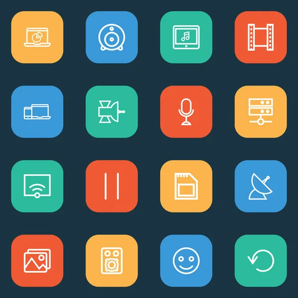 通信アンテナ、モニター、衛星および他の笑顔要素と設定されたマルチメディアアイコンラインスタイル。絶縁ベクトルイラストマルチメディアアイコン. — ストックベクタ