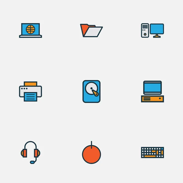 Hardware-Symbole farbige Linie mit PC, Computertastatur, Festplatte und anderen PC-Elementen gesetzt. Isolierte Vektor-Abbildung Hardware-Symbole. — Stockvektor