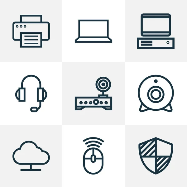 Hardware-Symbole ergänzen das Stilset mit Notizbuch, Online-Cloud, Computer und anderen Kopfhörerelementen. Isolierte Vektor-Abbildung Hardware-Symbole. — Stockvektor